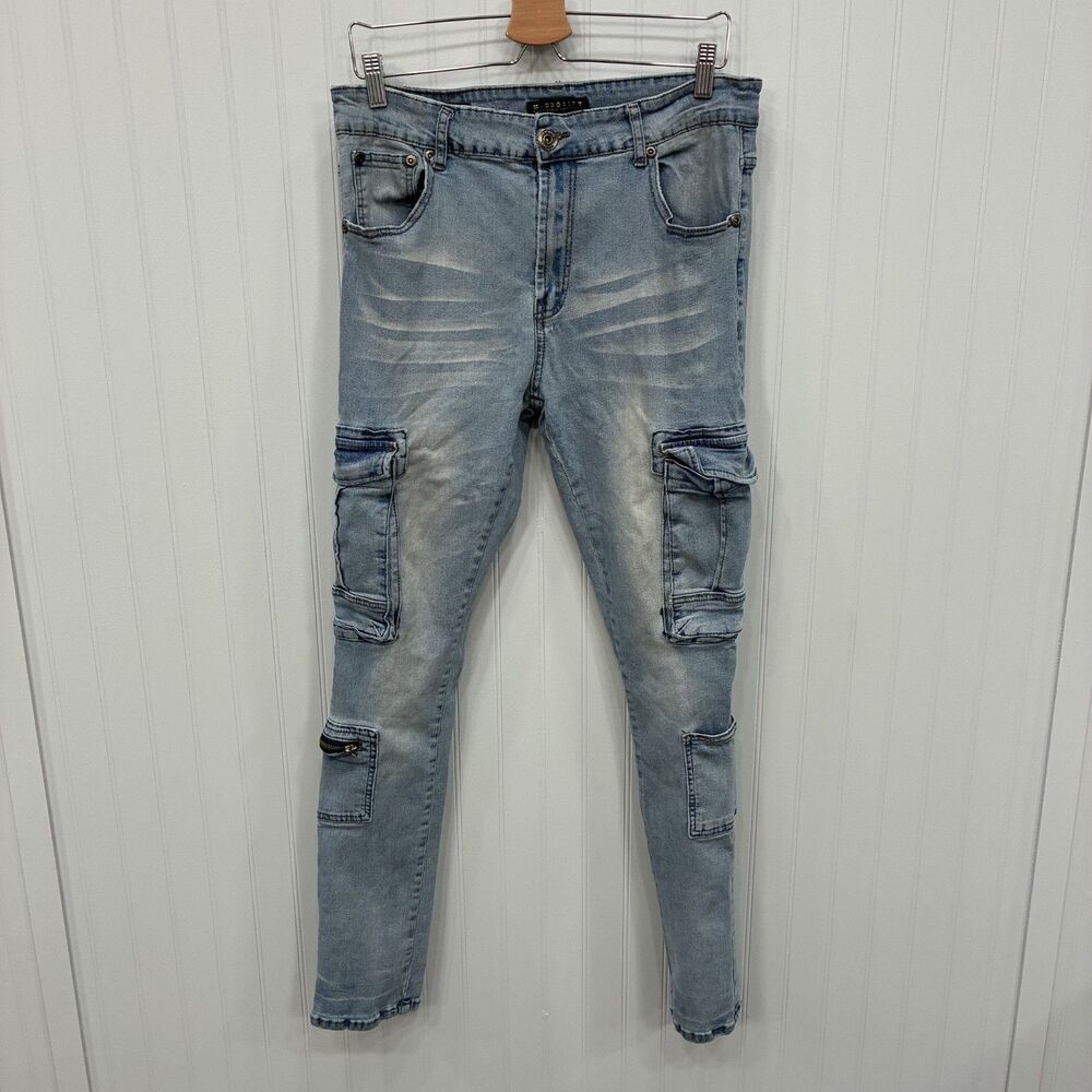 M. Society Men's 38x32 Blue Light Wash Denim Tapered Jeans Cargo Pockets Hip Hop